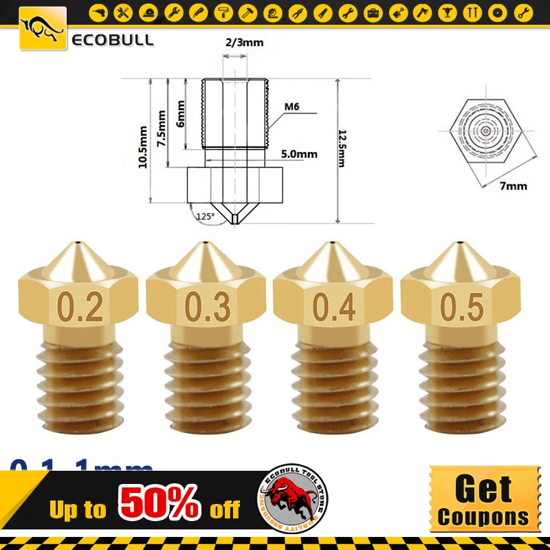 

1.75/3mm High Quality Brass Nozzle Set Professional 3D Printer Accessories M6 Thread Printer Special Nozzle Suitable For E3DV5V6