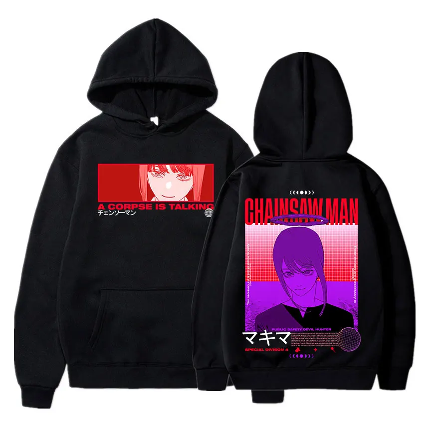 

Japnese Anime Chainsaw Man A Corpse Is Talking Hoodies Makima Manga Graphic Print Sweatshirt Gothic Men Women Pullover Hoodie