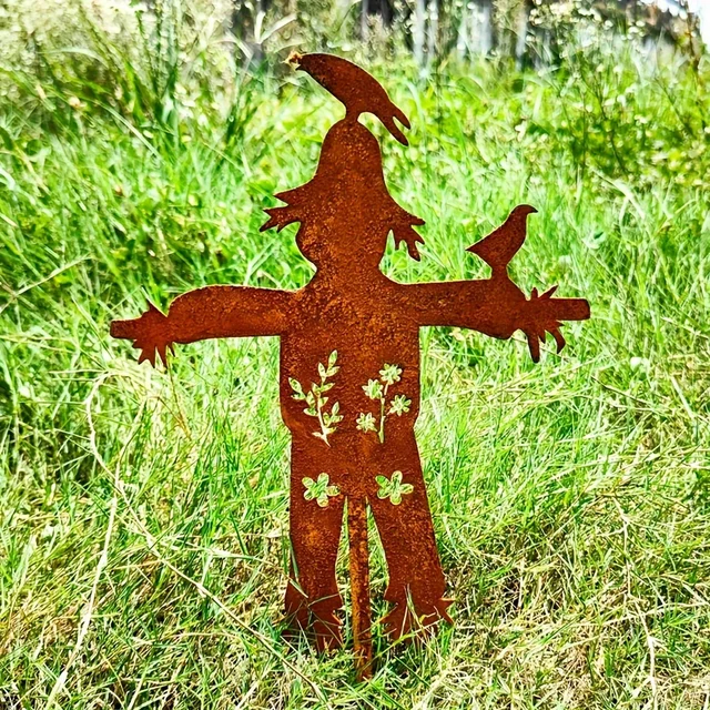 Rustic Metal Scarecrow Garden Stake - Rusty Lawn Ornament For Fall & Halloween Decor, Outdoor Yard Art By Yohwor