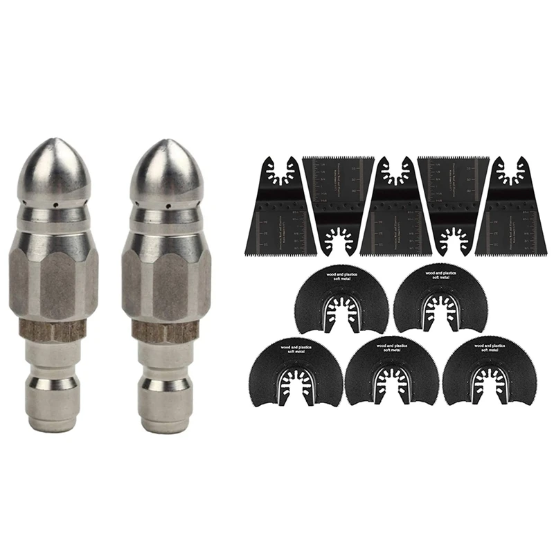 

2 Pcs Pressure Washer Sewer Jetter Nozzle With 10 Pcs Wood Oscillating Multi Tool Quick Release Saw Blades