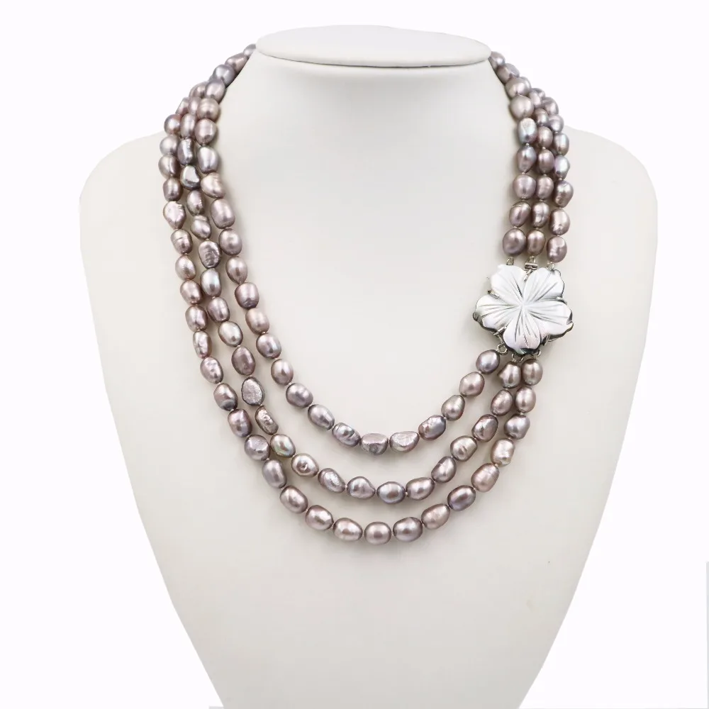 

beautiful new fashion natural baroque freshwater pearls 3 rows mm 7-9 mm gray color pearl necklace shell flower clasp 20 ''