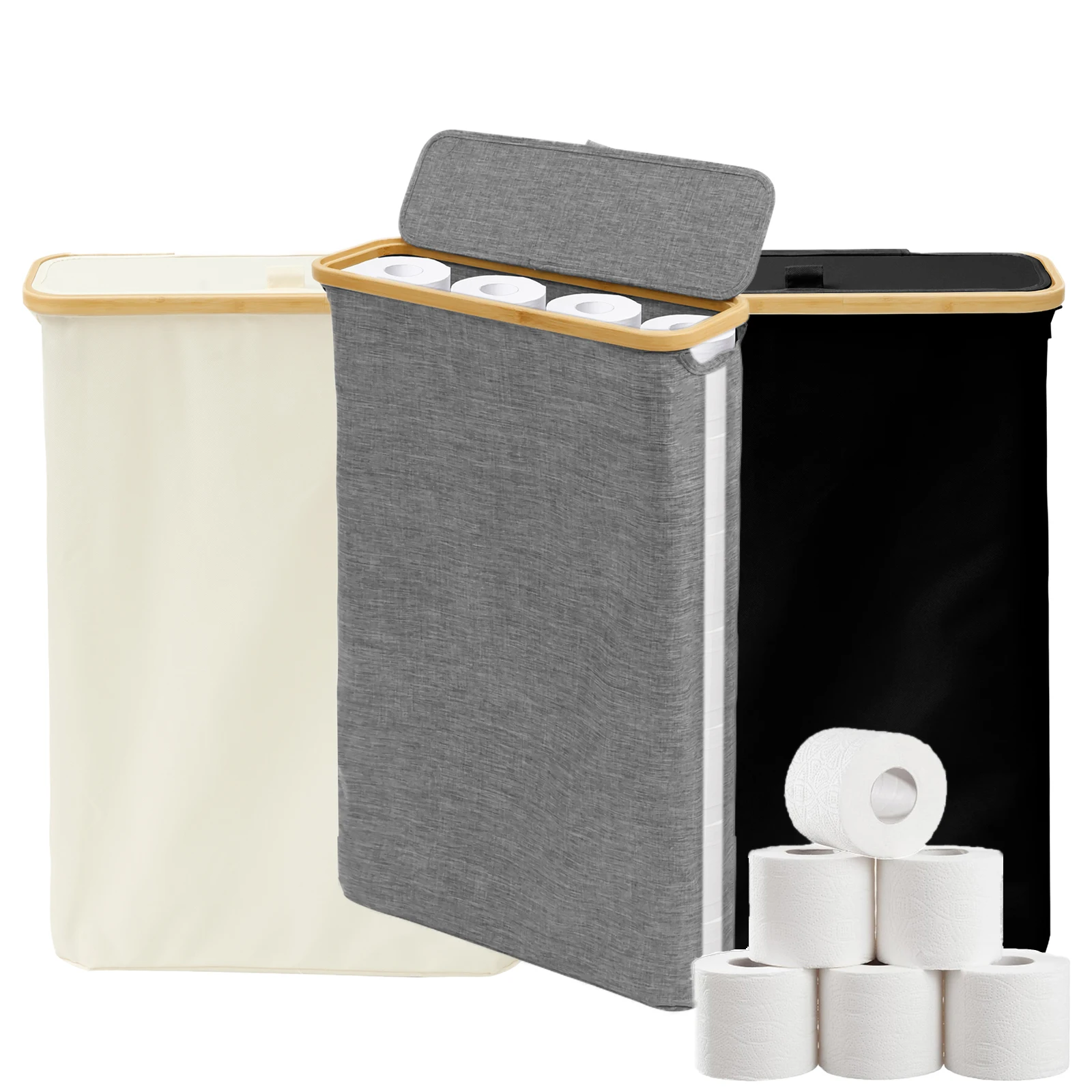Bamboo Toilet Paper Storage Box with Oxford Cloth