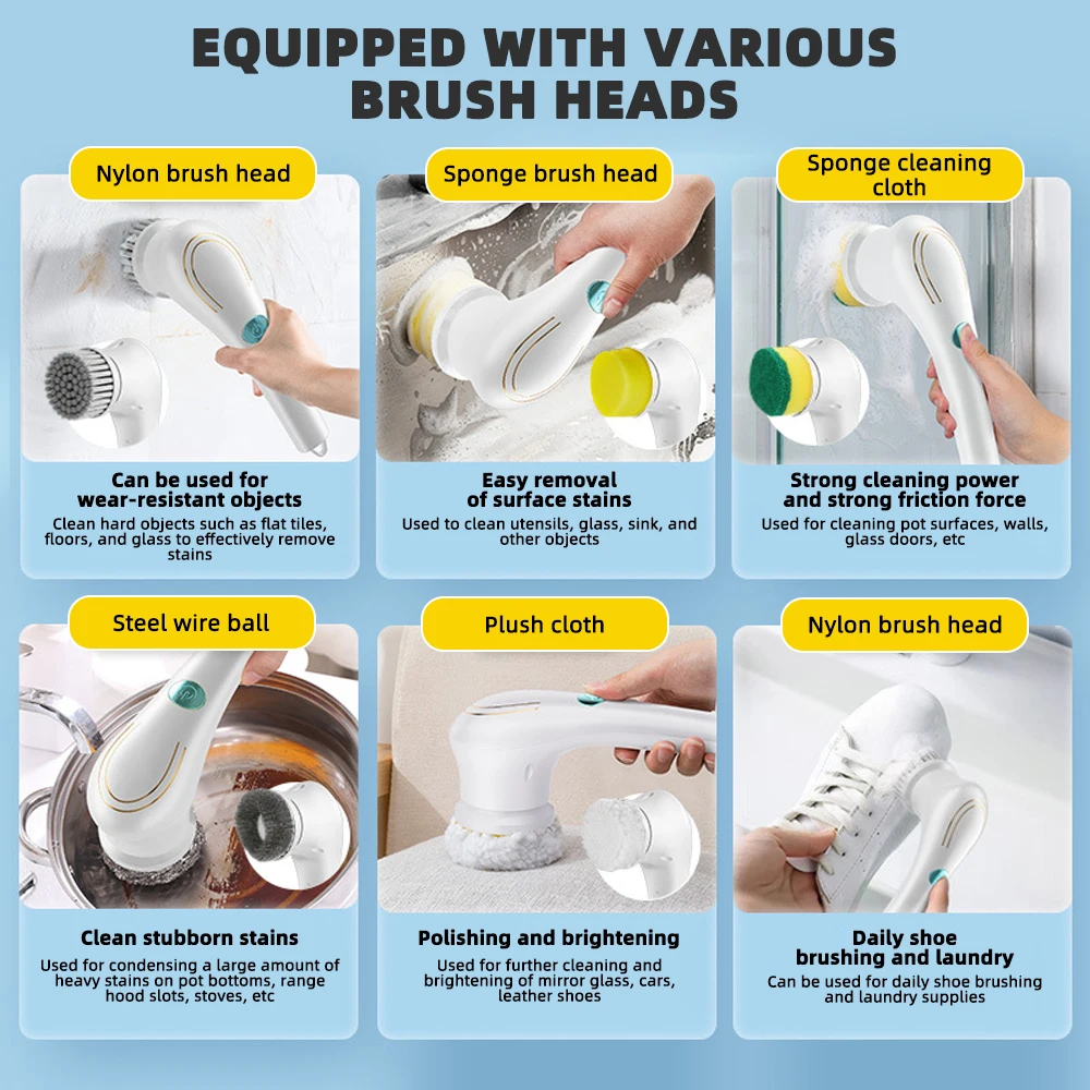 Toilet Brush Set 5-in-1 Multifunctional Electric Cleaning Brush Replace Head USB Kitchen Bathroom Bathtub Tile Sink Dish Toilet Brush