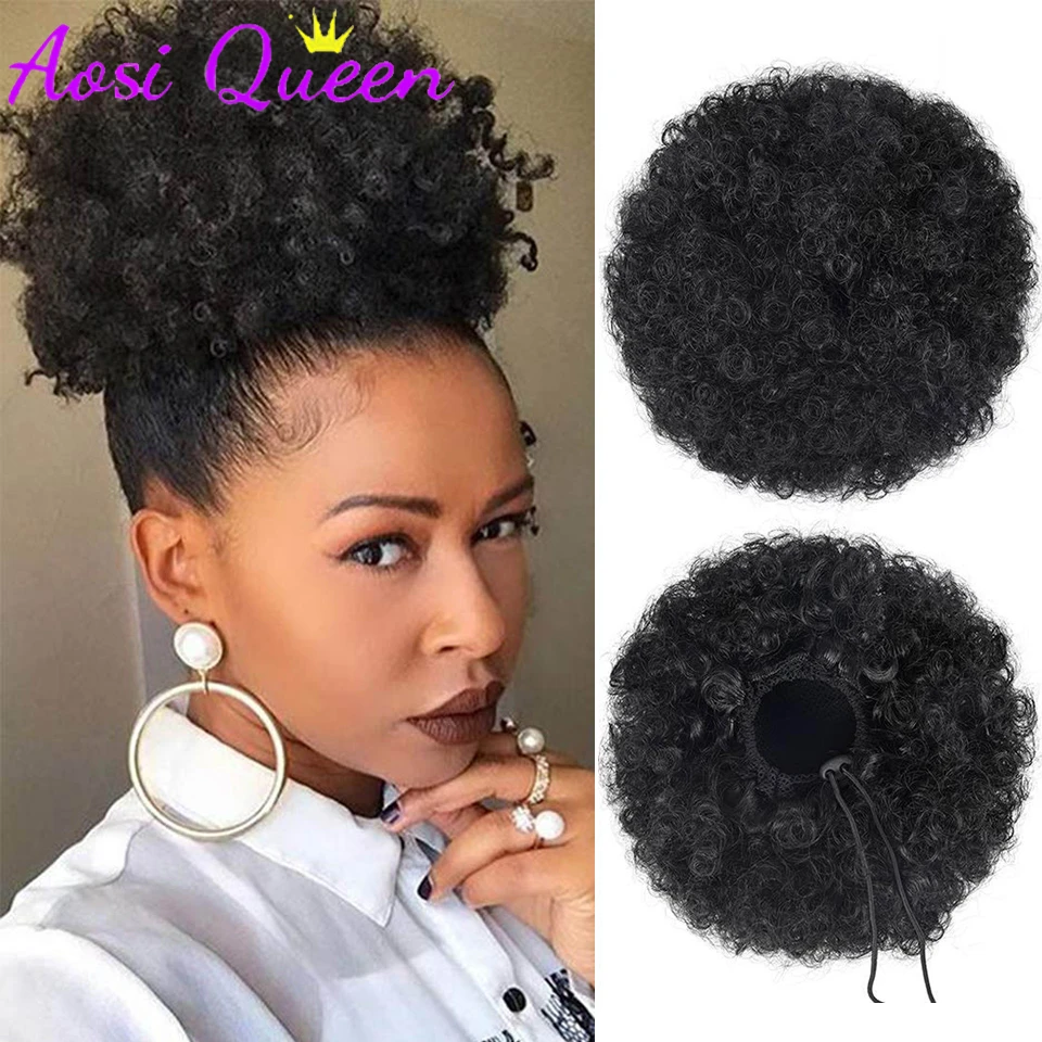 Aosi Coulisse Bun Chignon Hair Pieces Silky Afro Black Big Larger Piano Color Con Clip Short Kinky Curly