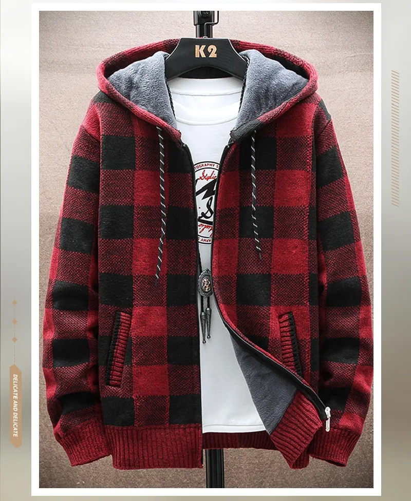 Y2k Men s New Winter Plaid Sweater Hooded Cardigan Cold Coat Wool Zipper Jacket Autumn Fleece