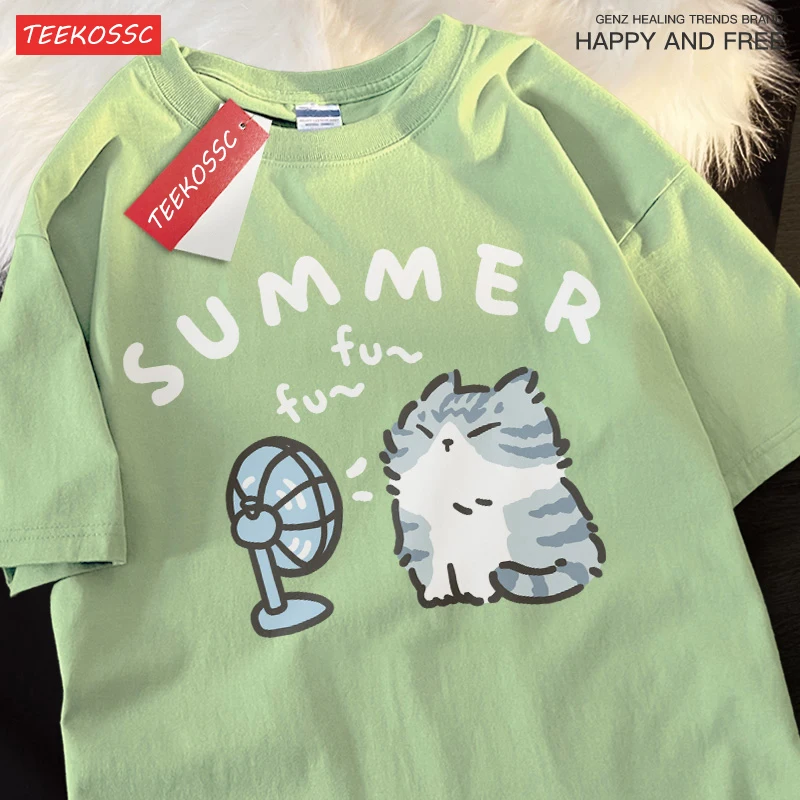 남녀공용 반팔 티셔츠, 헤어 드라이어, 선풍기 고양이, 재미있는 여름 밀크 블루, 트렌디 브랜드, 100% 코튼, 중립 스타일 프린트, 여름 