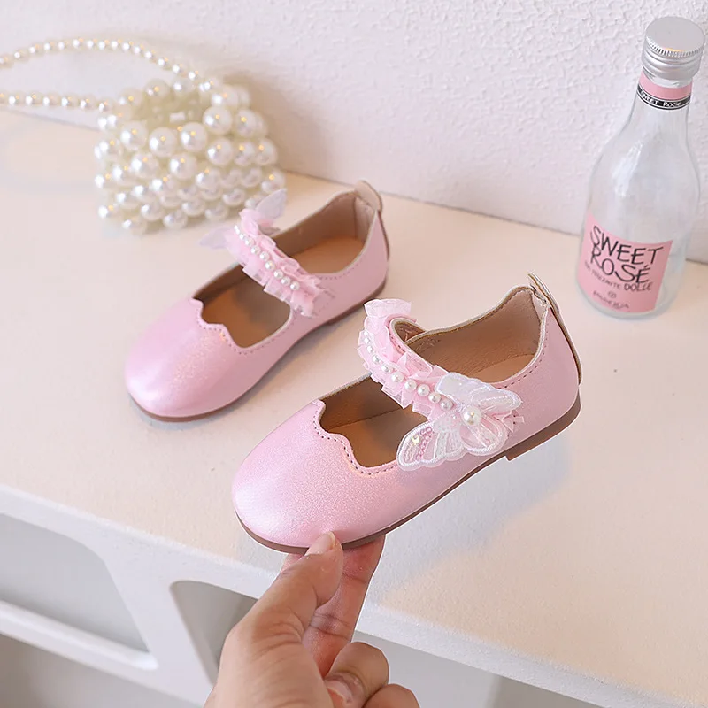 Girls Leather Lace Pearl Ballet Flat Shoes for Wedding Party