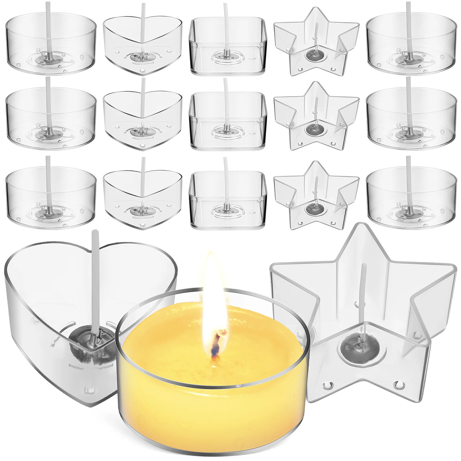 

Tea Light Candle Cups Candle Wicks Clear Heart Star Round Square Shaped Tealight Cups Plastic Candle Wax Jars Molds Diy