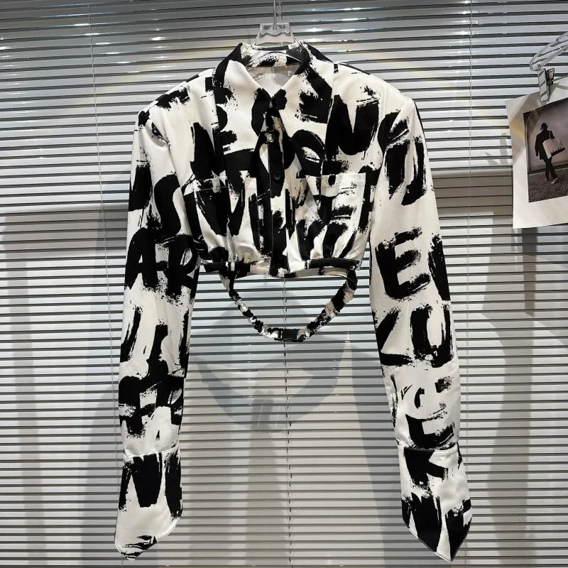 

2023 Spring New Arrival Long Sleeve Back Bandage Black White Hand Painted Short Jacket Women Padded Shoulder Coat GH266