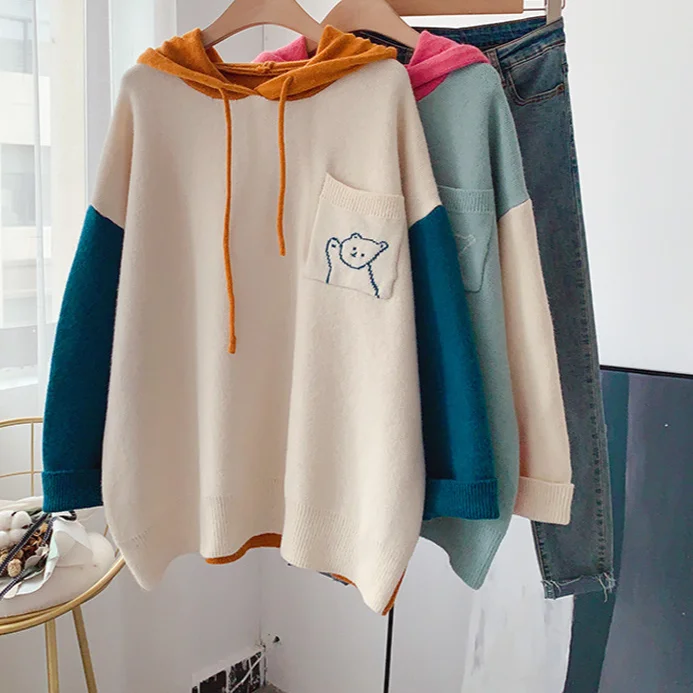 

2024 New Women Winter Clothes 2024 Hooded Sweaters Cartoon Patchwork Knitted Pullovers Pocket Hooded Pullover Knitwear