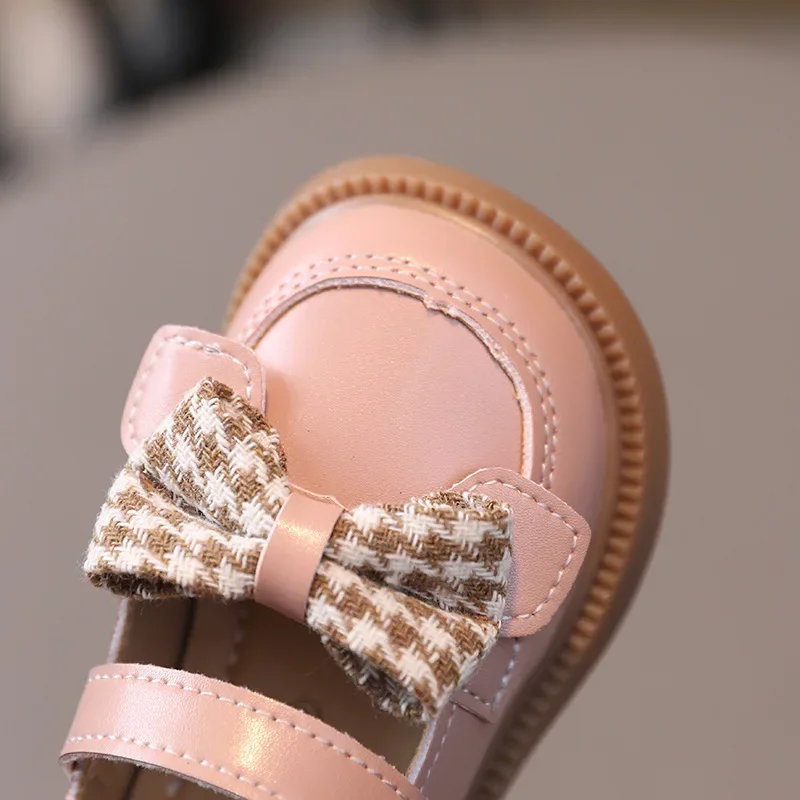 Children Leather Shoes Girl's Cute Houndstooth Bow-tie Shallow Shoes Baby's High-quality Casual Wedding Party Kids G04271