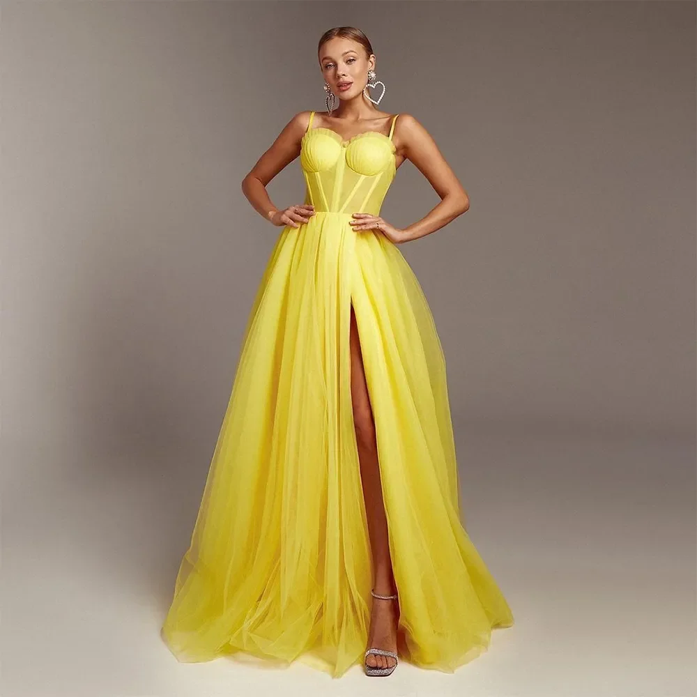 

Elegant Yellow Tulle Evening Dresses Sweetheart Spaghetti Strap High Side Split A-Line Pleat Ruched Prom Dress Party Gowns 2023