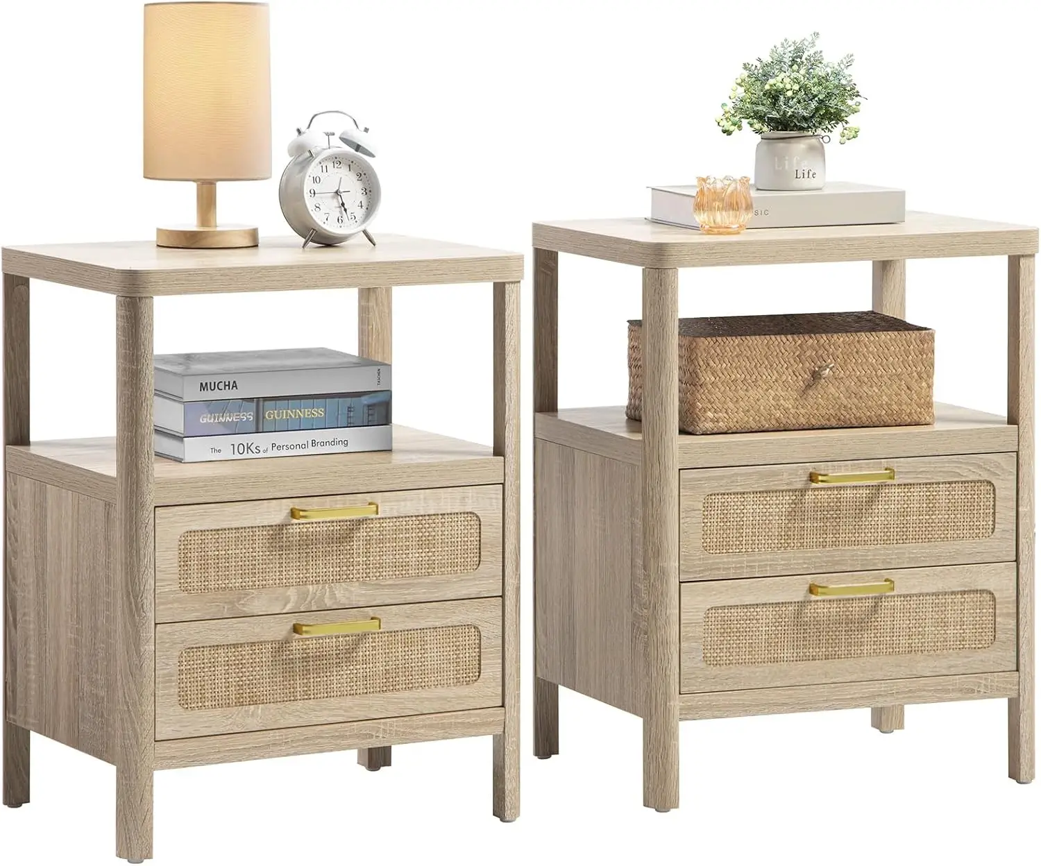 Rattan Nightstands Set of 2-Bedside Tables with 2 PE Rattan Drawers, Night Stand with Open Wood Shelf, Farmhouse Bed Side