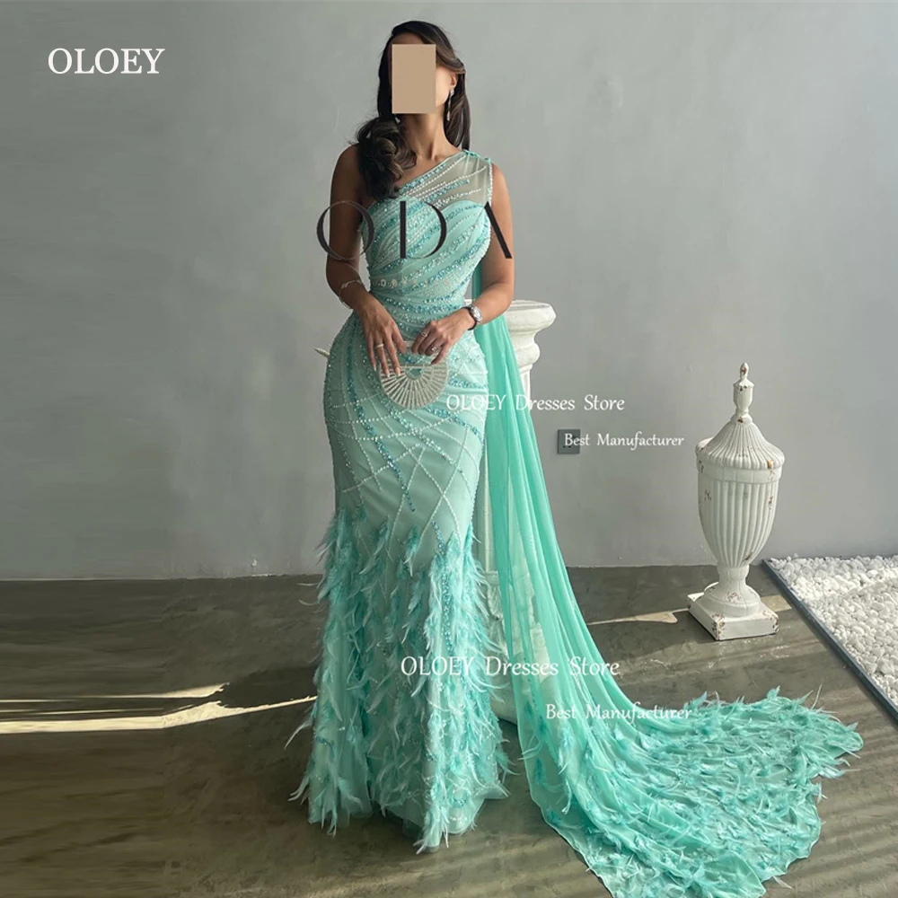 

OLOEY Luxury Feathers Glitter Mermaid Evening Dresses Arabic Women One Shoulder Long Cape Back Formal Prom Gowns Robe de mairage