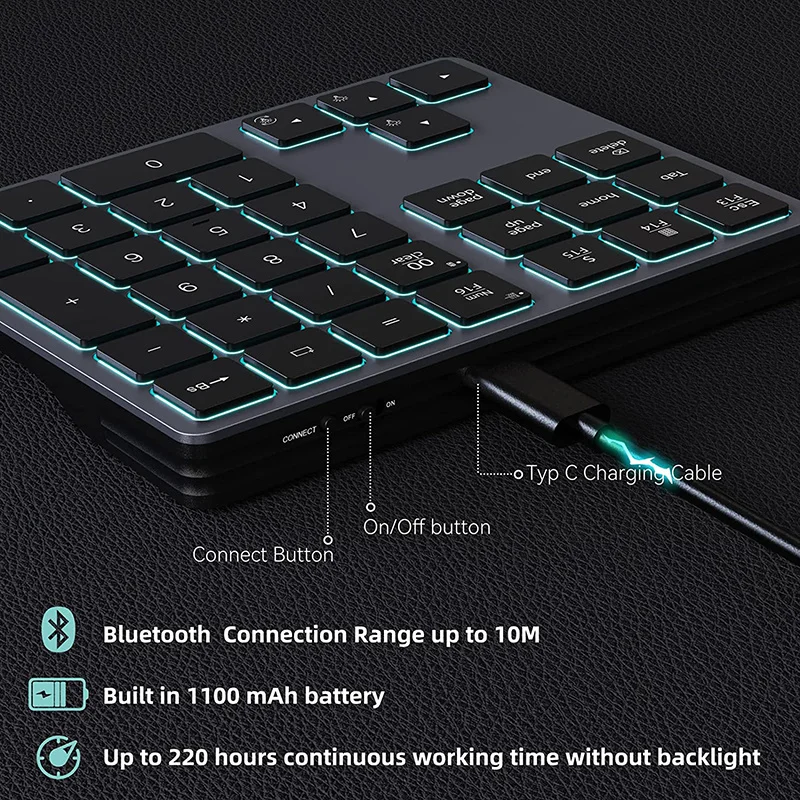 Teclado Numérico sem Fios Teclado Externo Bluetooth Recarregável Rgb Entrada de Dados 34-teclas - Imagem 5