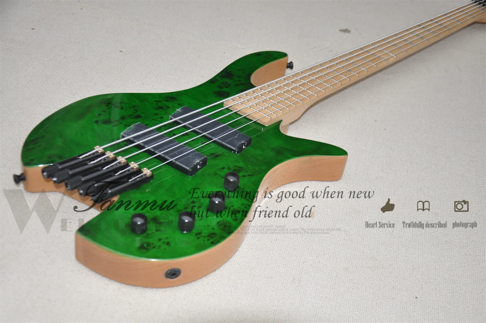 5 String Bass Guitar Headless Bass Green Bass ASH Wood Body Burl Maple