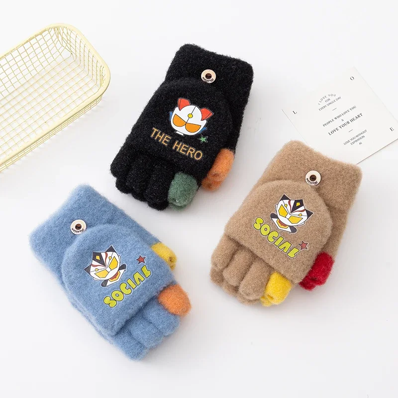 5-12Y Cute Children Gloves Winter Autumn Half Finger Flip Cover Warm Boy Girl Mittens Cartoon ultraman Kids Cycling Gloves 4