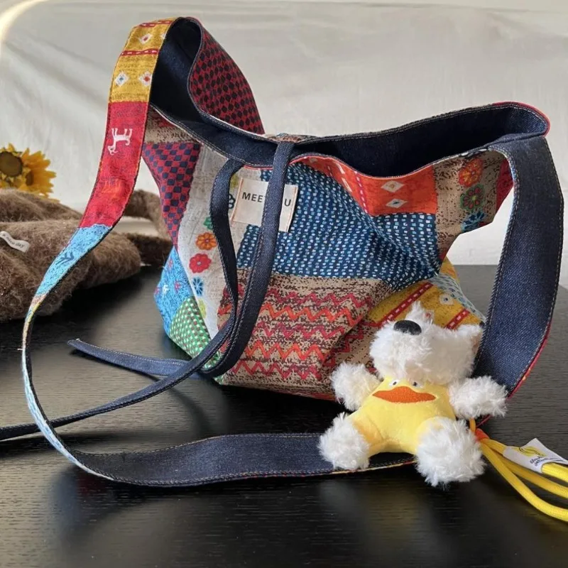 Doppelseitige Tasche, böhmische Denim-Canvas-Tasche, vielseitige Pendler-Einkaufstasche, auf beiden Seiten erhältlich, Retro-Kontrast-Umhängetasche – Detail 12