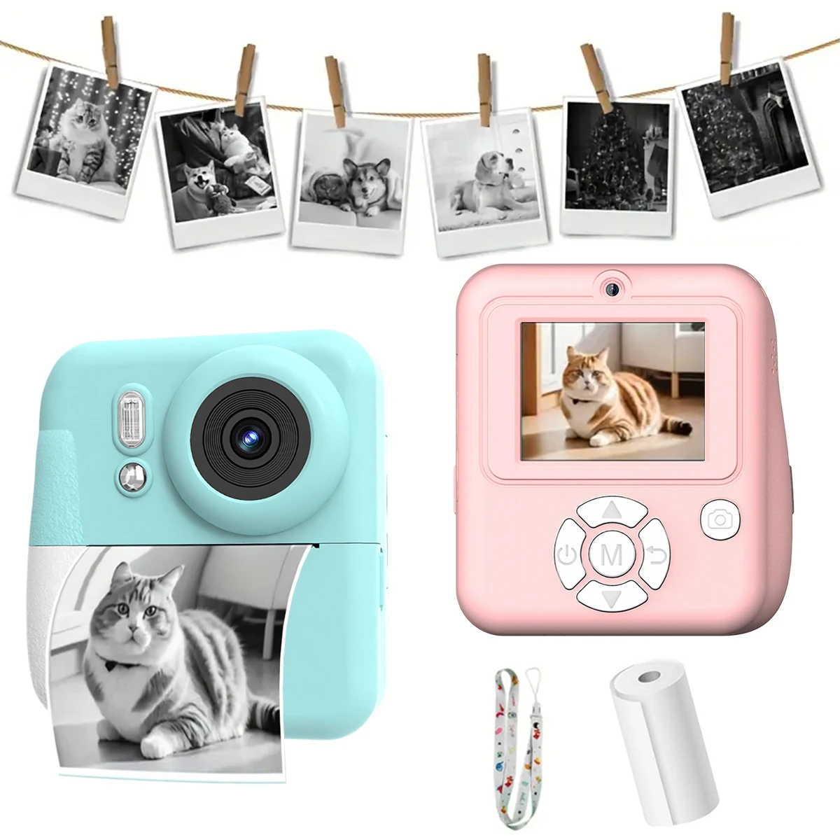 6 fonksiyonlu taşınabilir yazıcı, kordon, 2,4 inç geniş ekran, seyahat için kompakt mürekkepsiz yazıcı, dahili çoklu çekim özelliği