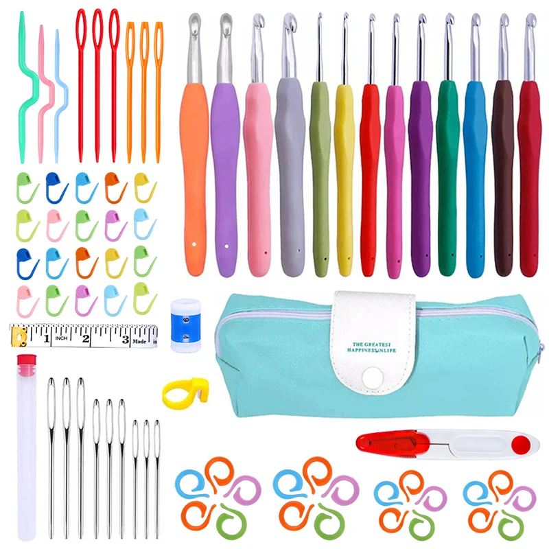 76Pcs crochet kit Crochet Hooks Set Ergonomic Handle Knitting Needles Big Eye Blunt Needles Plastic Sewing Stitch Markers