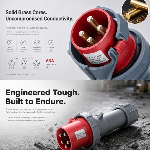 63A IP67 Waterproof Industrial Power Connector – 3P/4P/5P 415V CEE Plug & Receptacle, Heavy Duty Copper Contacts for Factory 2