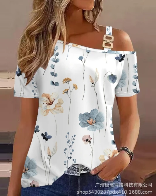 

Butterfly Flower Leopard Print Short Sleeved Diagonal Collar Off Shoulder Square Buckle Decoration Half Strap New Casual T-Shirt