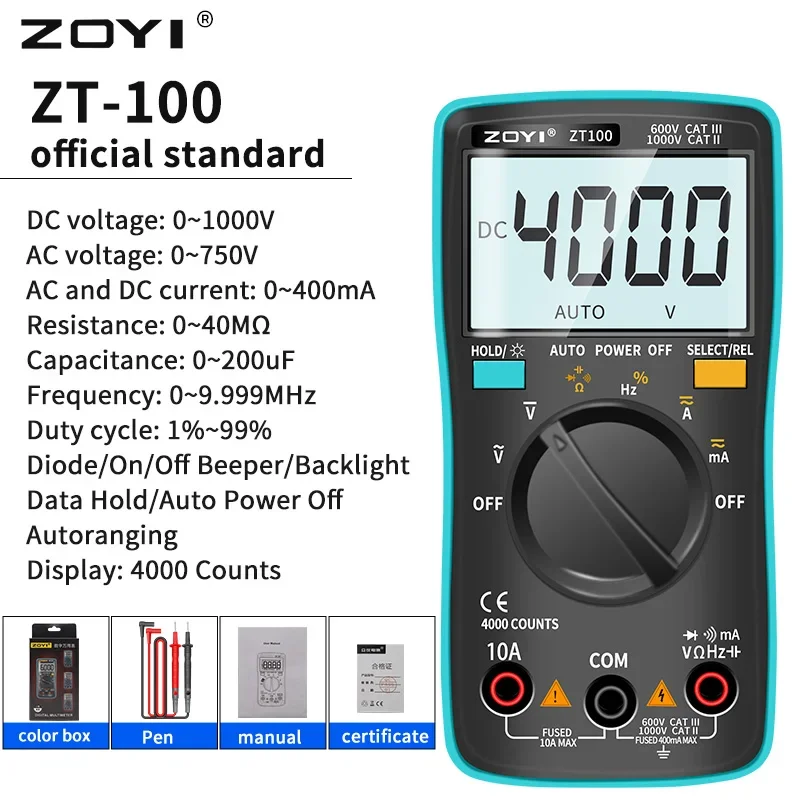 ZOYI Multimeter Digital Multi Tester Back Light AC/DC Voltmeter Diode ZT100 dmm transistor tester