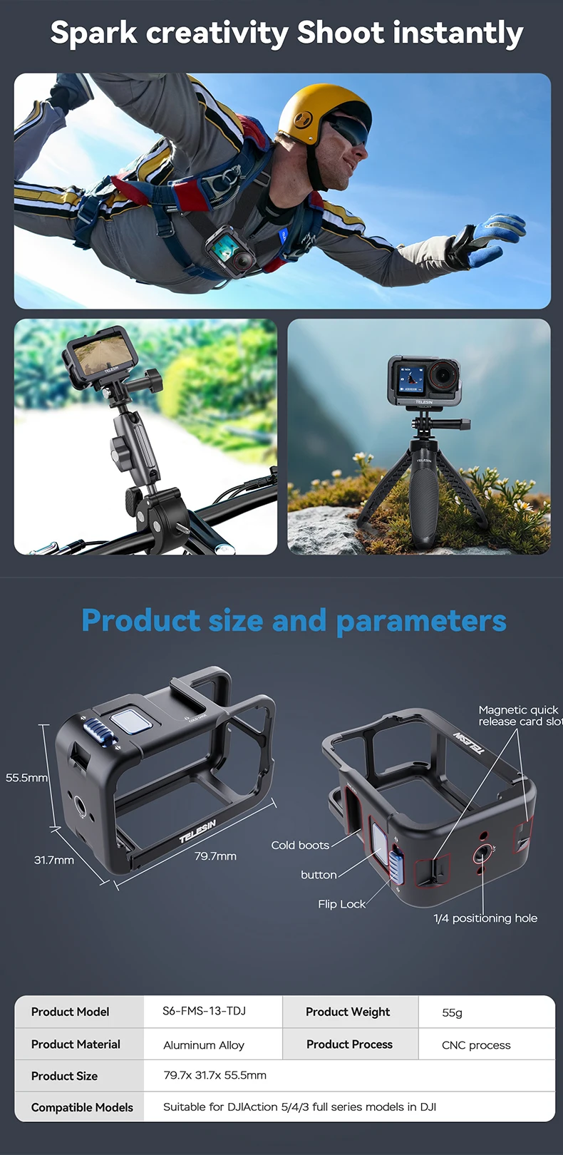 TELESIN Aluminium Alloy Frame Case For OSMO Action 3 4 5Pro Double Clod Shoe Pr