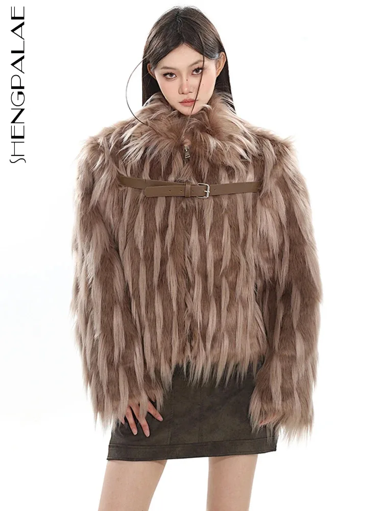 

SHENGPALAE Belt Spliced Zipper Faux Fur Coat For Women Winter 2023 New Temperament Plush Full Sleeve Jacket Female Outwear R8286
