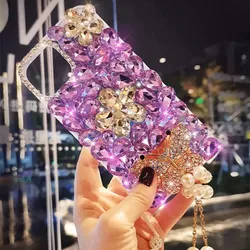 Elegant Transparent Rhinestone Lanyard Phone Case with Butterfly Design - iPhone 17 Pro Max (Purple)