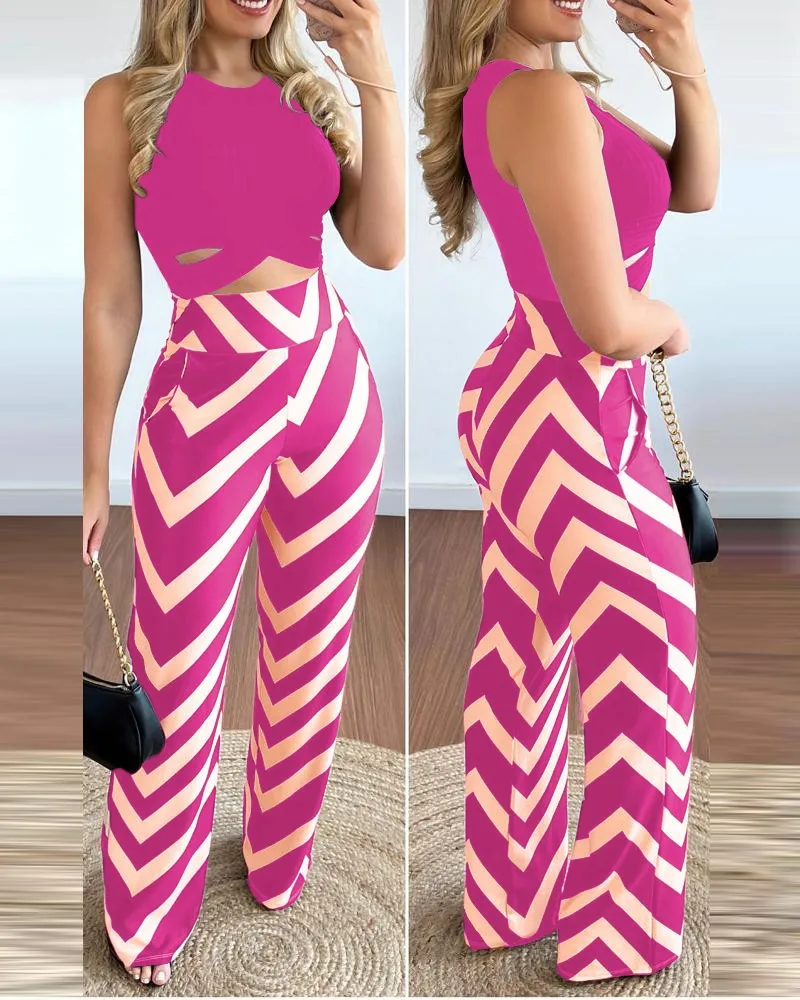 Casual Printed Two Piece Set Women Solid Color Sleeveless Hollow Out Slim Cropped Top And Striped High Waist Wide Leg Pants Sets