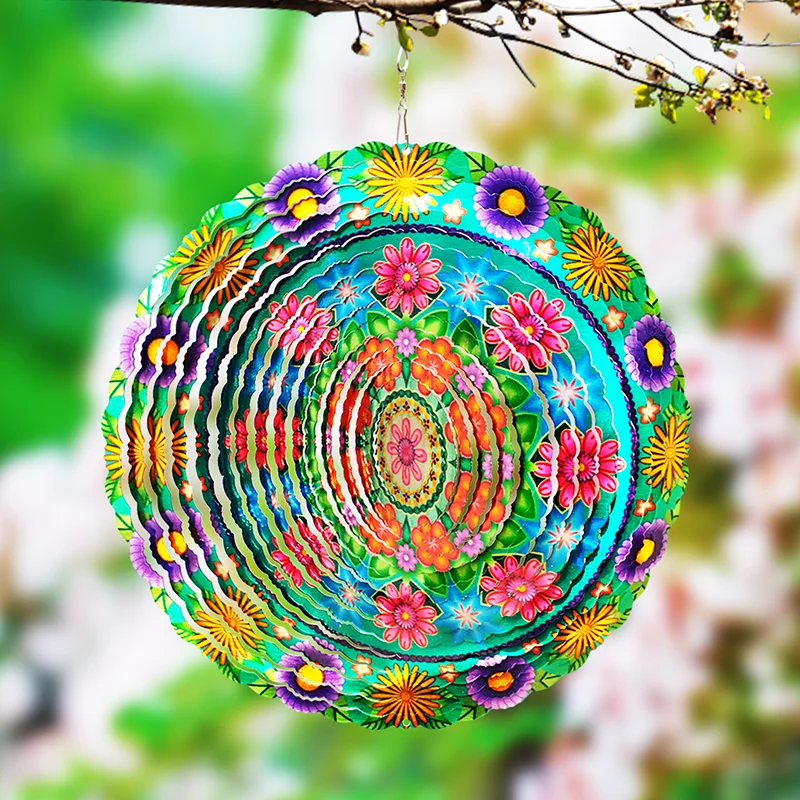 PSATHENATI Wind Spinner Mandala Green Flower 12 in 3D Stainless Steel Art Geometric Pattern Hanging Kinetic Yard Art Decorations