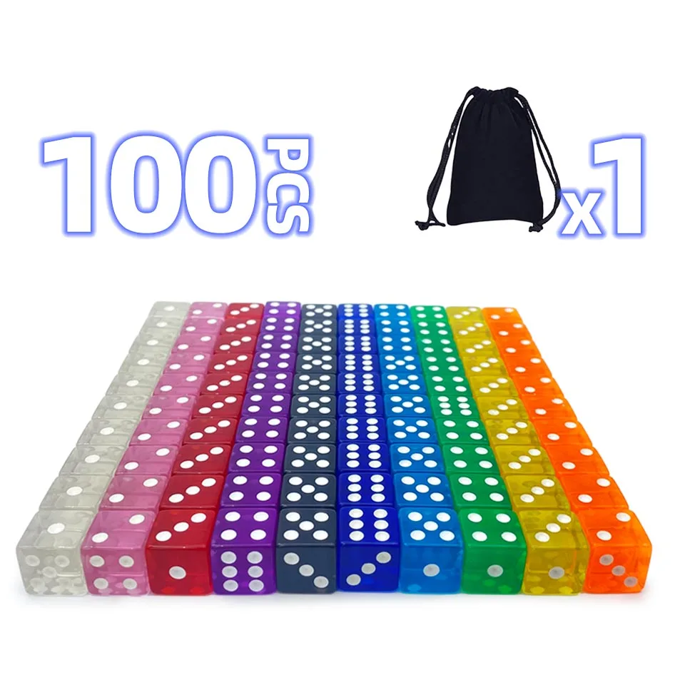 Acrylic Dice 100 Pcs Per Package 10 Color 16mm 6 Side D6 Square Corner Transperent Colorful Board Game Casino Party Gift