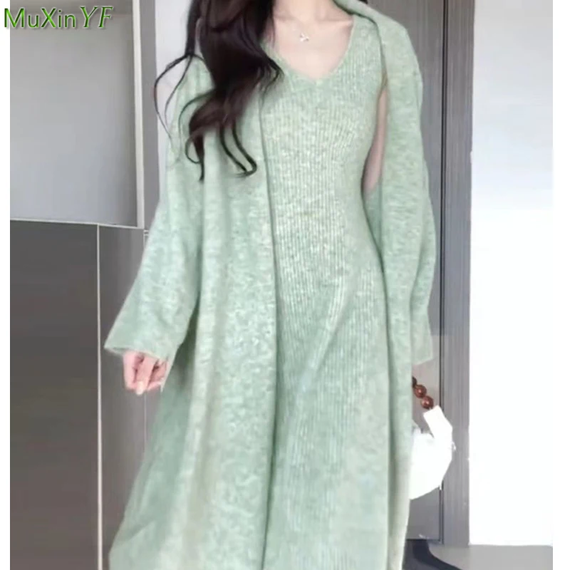 Women Autumn Winter Knit Matching Set Casual Loose Long Sweater Coats Sleeveless Dress Two Piece Suits 2023 Green Jacket Outfits