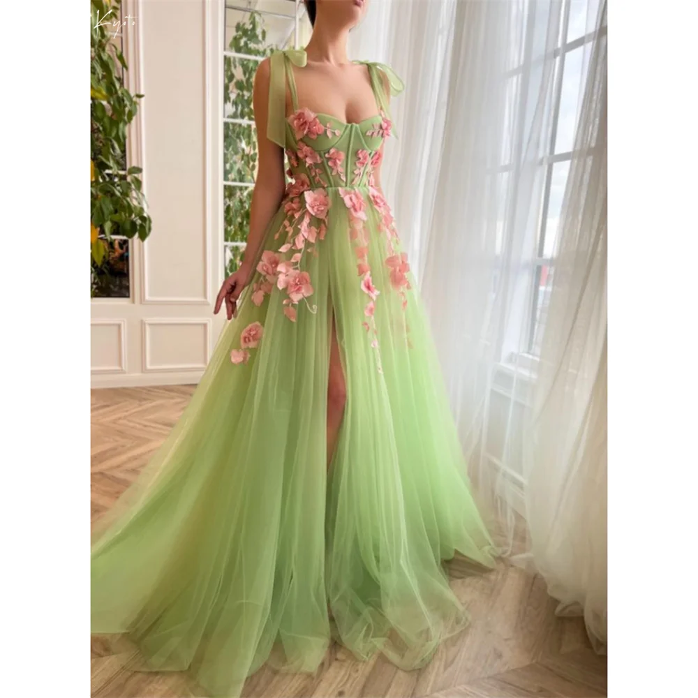 Green Tulle and Black Lace Edge Applique Full Length Lace Up Back Evening Dress Birthday Prom Dresses main image 1