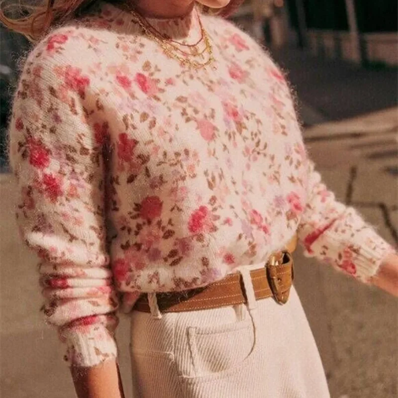 

Women's Sweaters 2023 New Autumn Mohair Floral Printed Round-Neck Casual Slim Long Sleeve Pullover