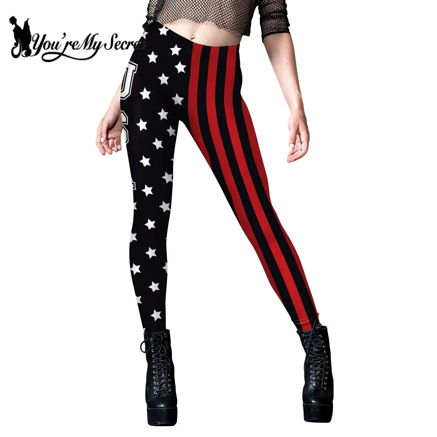 

[You're My Secret] Leggings for Women Independence Day 3D Flag stripe printing Mid Waist pants Elastic Bottom Holiday Party Gift