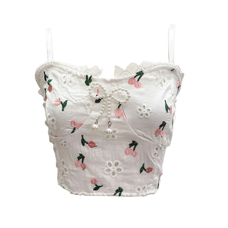 

Женский укороченный топ на бретельках, милый пикантный Топ с бисером и цветочной вышивкой