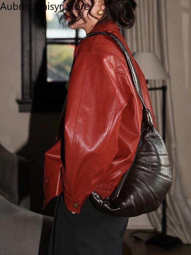 Punk Vintage Red Leather Jacket Women Streetwear Moto Biker