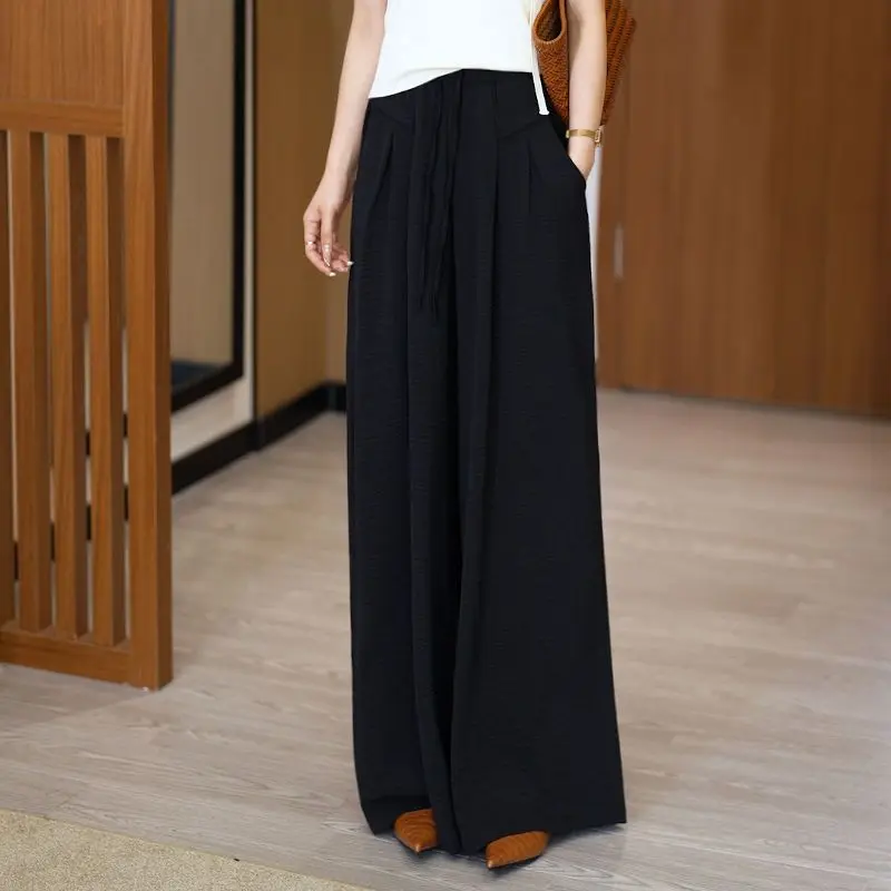 Spring Women 2024 Thin Style Sagging Sensation High Waisted Appear Thin Solid Color Pants Summer Loose Pocket All-match Trousers