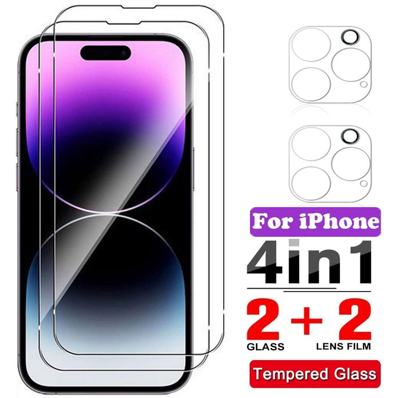 4in1 Tempered glass on iphone 14 13 12 11 15 Pro Max Screen Protectors For iPhone 14 15 Plus 12 13 Mini 11 14 15Pro Camera Glass