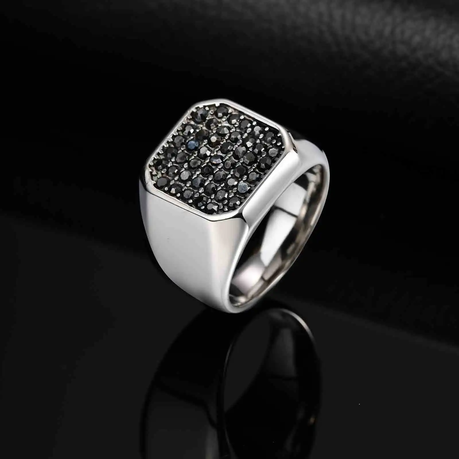 Stylish Men's Stainless Steel Ring,Black AAA Crystal Zircon Square Ring Thumb Ring,Anniversary Birthday Fatehr Gift