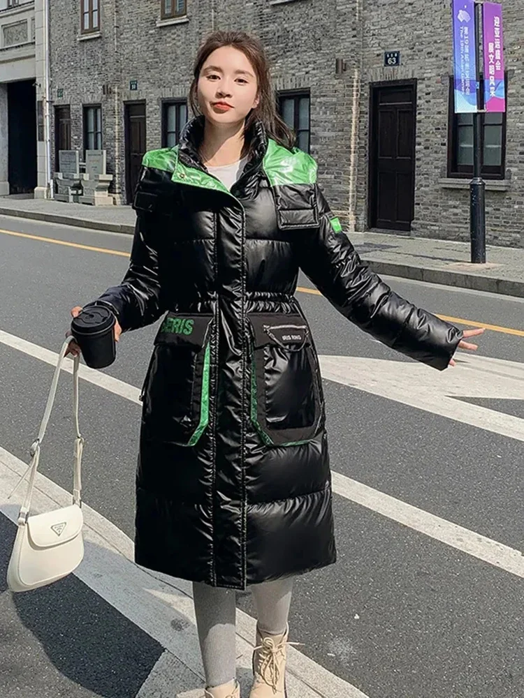 

2024 Winter Autumn Black Glossy Parka Coat Women's Thicken Hooded Loose Long Jacket Female Windproof Rainproof Warm Outwear