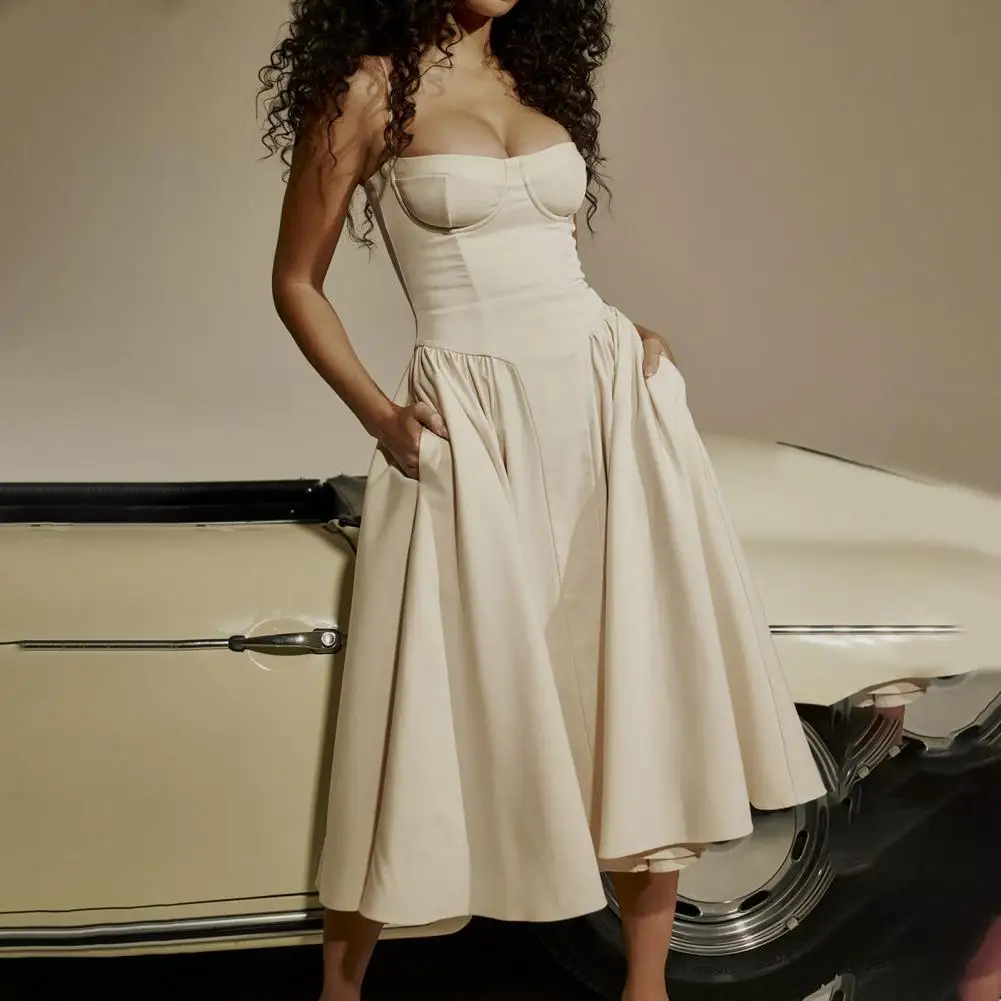 

Tube Top Dress Solid Color Dress French Court Style A-line Midi Dress Elegant Backless Flattering for Cocktail Parties Proms