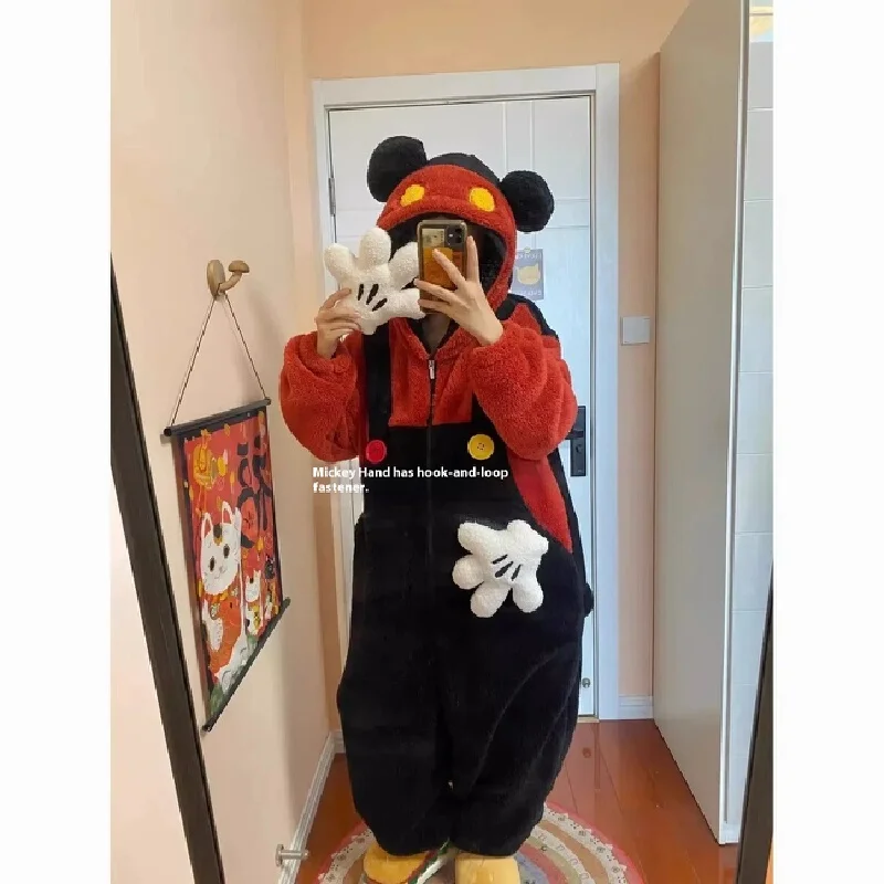 لطيف الكرتون ميكي ديزني مقنعين المرجان بيجامة من الصوف النساء شتاء دافئ قطعة واحدة ملابس المنزل عادية فضفاض عيد ميلاد مفاجأة هدية