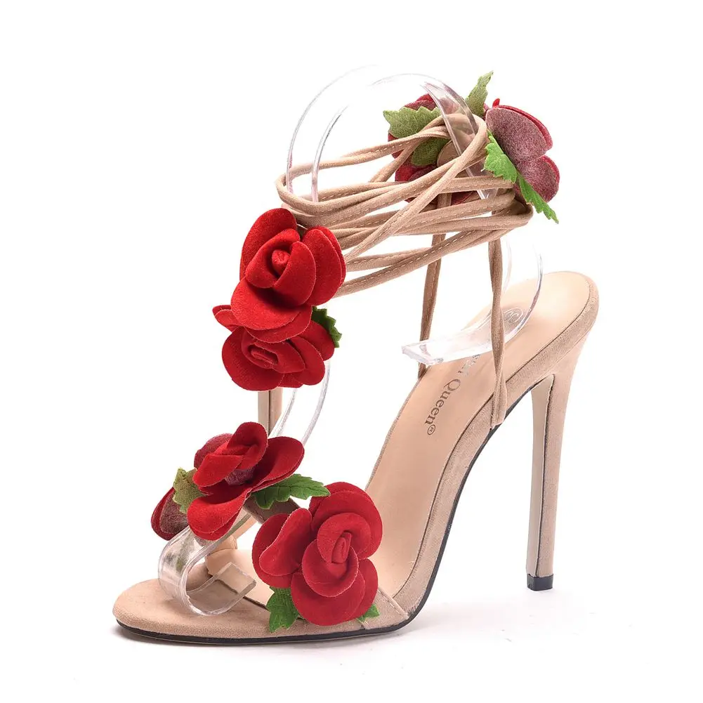 Crystal Queen Women Sandals Red Rose Flower Cross-tie High-heeled Open Toe Summer Heels Lady Dress Sexy Shoes