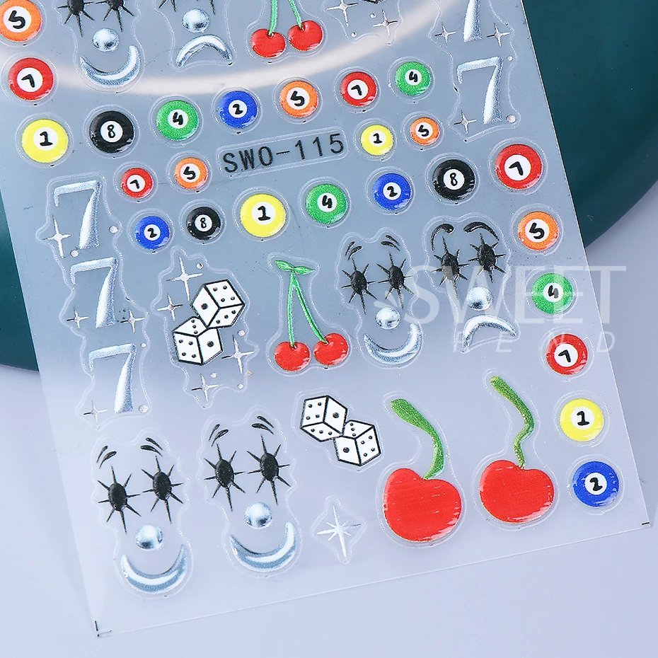 2pcs Halloween Clown Designs Nail Stickers 5D Cute Cherry Bow Billiard Star Adhesive Nail Decals DIY Manicure Decoration Sliders