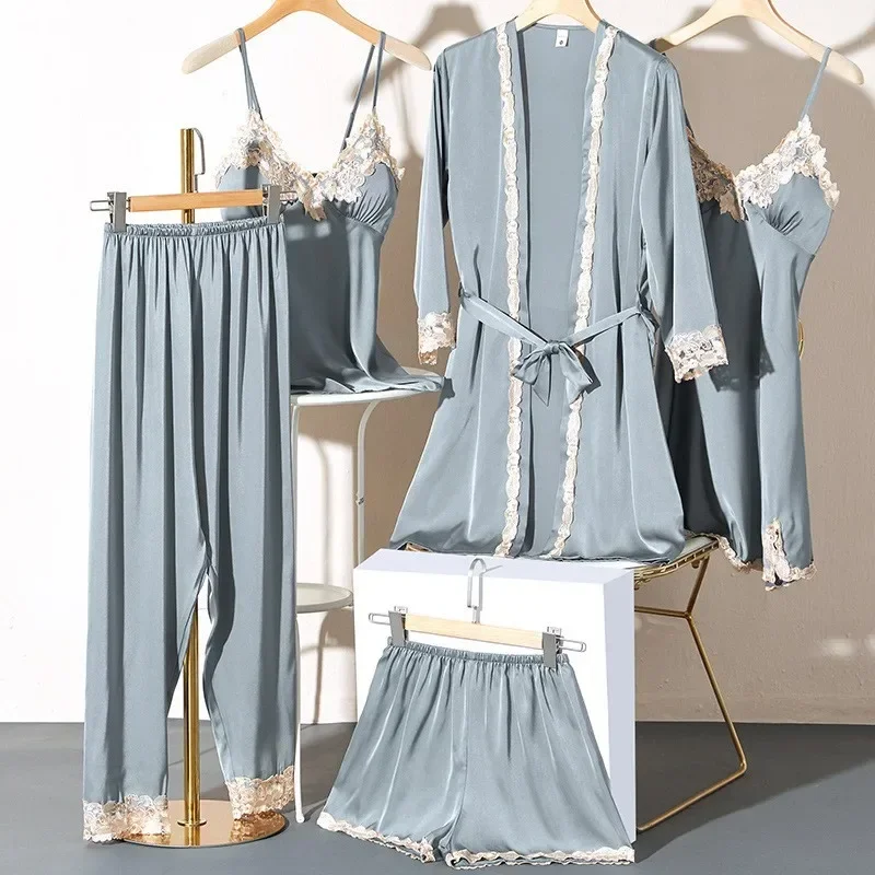 Ice Silk Pajamas Women'S Summer Thin Sexy Lace Sling Nightgown Five-Piece Set Korean Version Long-Sleeved Home Clothes Smooth