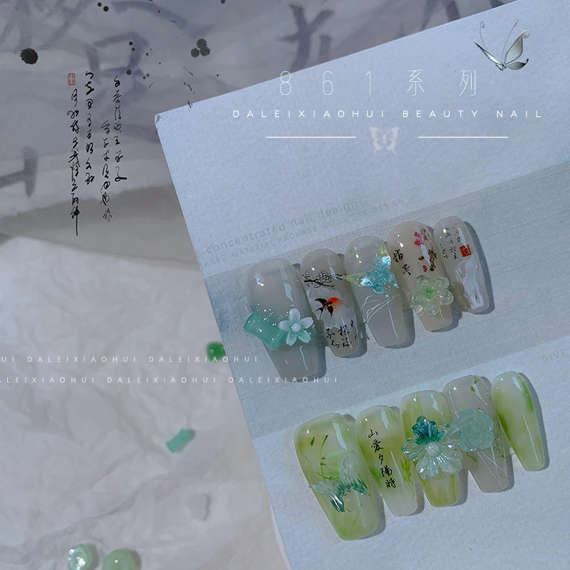 12 Grids Jade Green Nail Decoration Flowers Mixed Nails Accessories Butterfly Nails Drill Goldfish Transparent Floral Ornaments 4