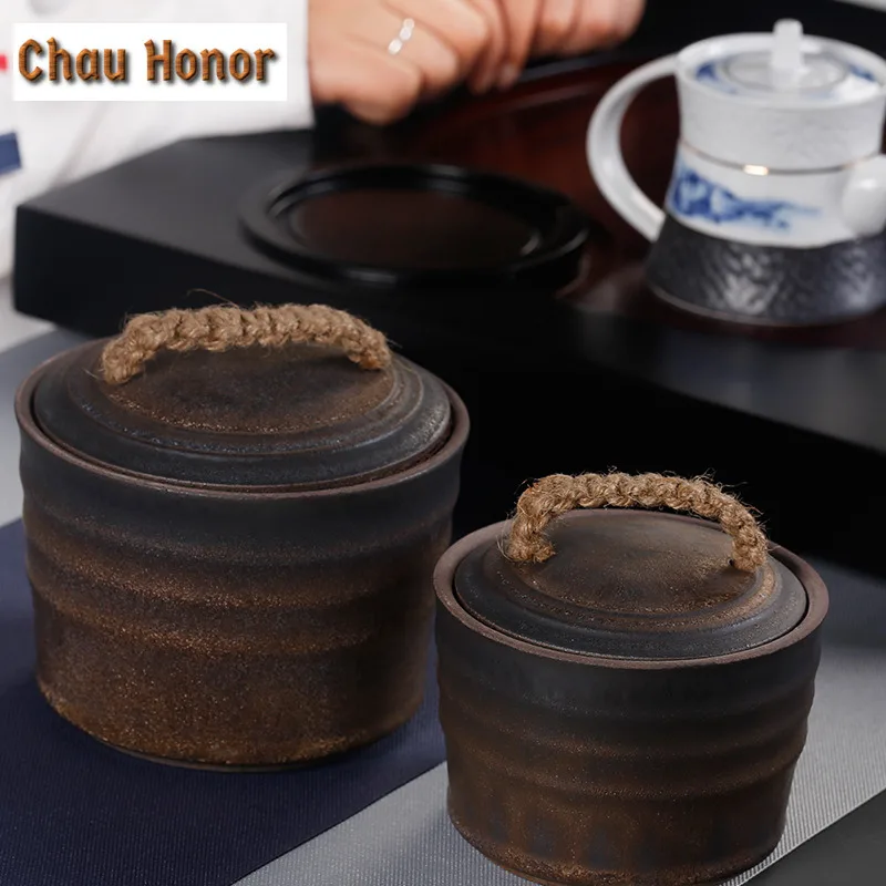 Gilt Ceramic Tea Caddy Wide Mouth Retro Creative Sealed Pu'er Tea Storage Moisture-proof Coarse Pottery Tea Container Tea Tins